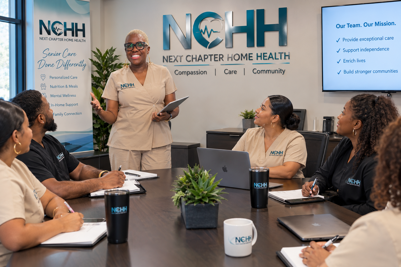 NCHH team gathered around a conference table, with the Next Chapter Home Health logo on the wall